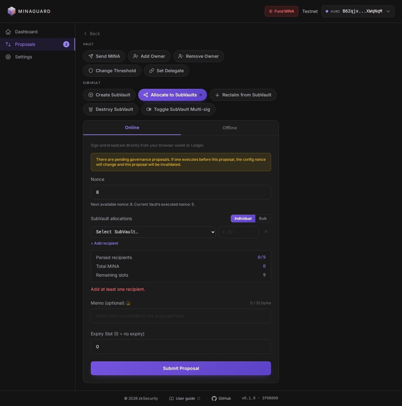 Allocate to SubVaults form