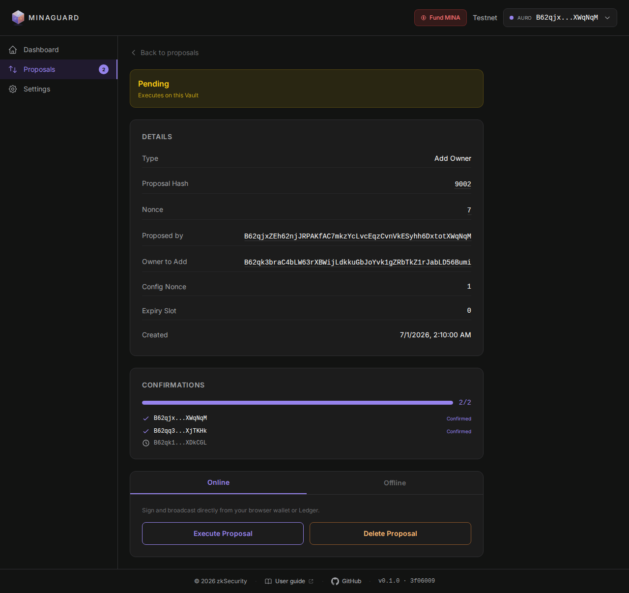 Execute Proposal view